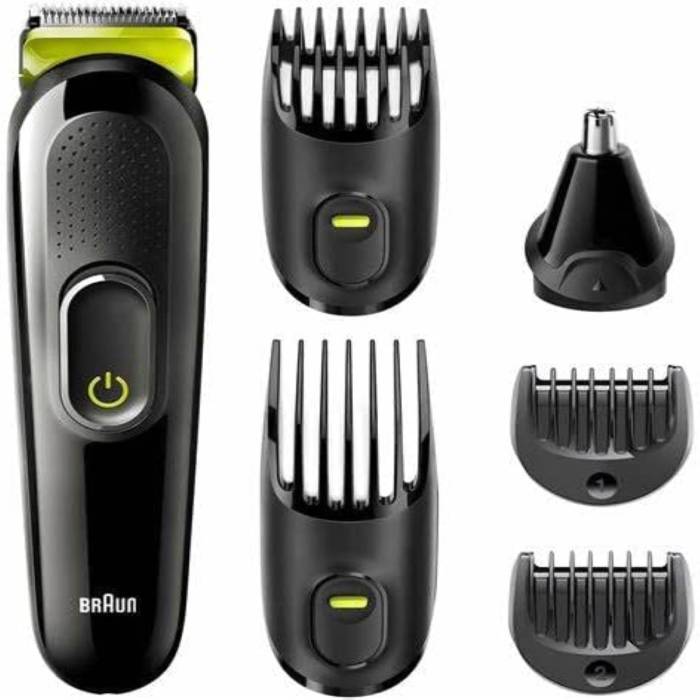 Braun 6-in-1 All-in-one Trimmer 3 MGK3221, Hair Clipper and Beard Trimmer  with Lifetime Sharp Blades, Ear & Nose Trimmer Head, 5 Attachments,  Black/Volt Green